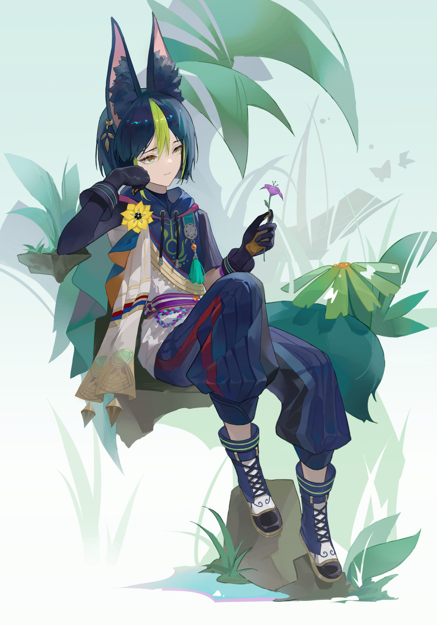 1boy absurdres animal_ear_fluff animal_ears asymmetrical_sleeves black_gloves black_hair blue_footwear blue_pants blue_shirt boots closed_mouth commentary drawstring earrings flower full_body genshin_impact gloves green_eyes green_hair hand_on_own_cheek hand_on_own_face hand_up highres holding holding_flower jewelry lettereast male_focus multicolored_hair pants shirt single_earring sitting smile solo streaked_hair tighnari_(genshin_impact) yellow_flower