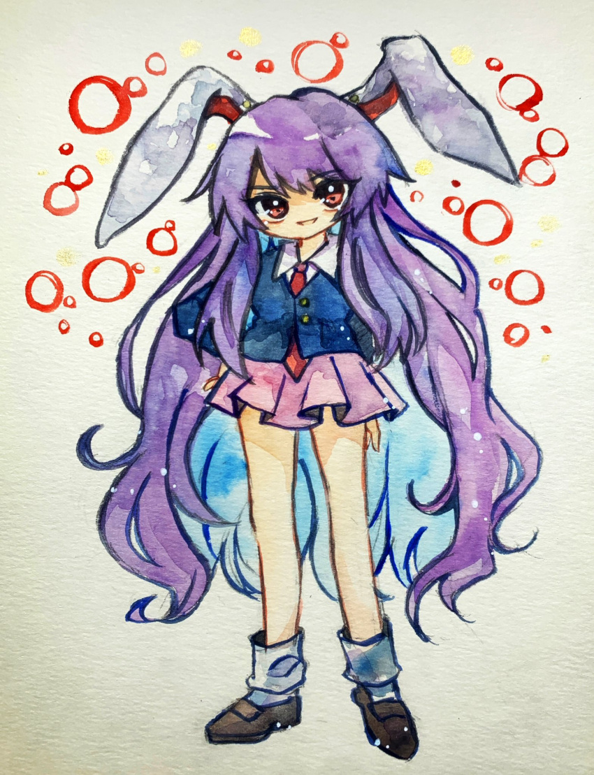 1girl animal_ears blue_jacket brown_footwear bubble collared_shirt full_body hand_on_own_hip highres jacket key747h loafers long_hair long_sleeves looking_at_viewer loose_socks miniskirt necktie painting_(medium) pink_skirt pleated_skirt purple_hair rabbit_ears rabbit_girl red_eyes red_necktie reisen_udongein_inaba shirt shoes simple_background skirt smile socks solo standing touhou traditional_media very_long_hair watercolor_(medium) white_background white_socks