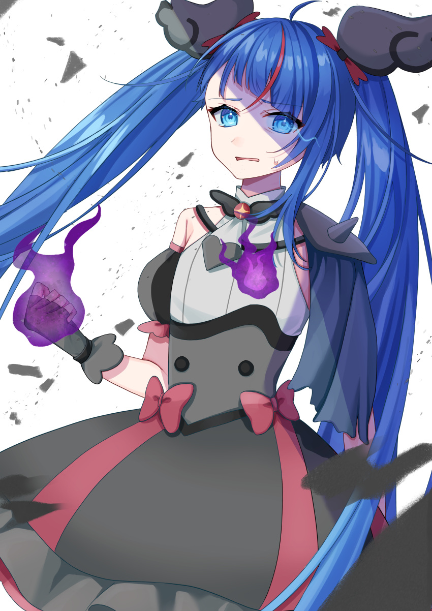 1girl absurdres armor black_dress blue_cape blue_eyes blue_hair bow brooch cape clenched_hand corruption cure_sky cut_bangs dark_cure_sky dark_persona detached_sleeves dress dress_bow fingerless_gloves frilled_dress frills frown gloves glowing glowing_eye glowing_fist grey_dress grey_gloves highres hirogaru_sky!_precure jewelry long_hair looking_at_viewer magical_girl multicolored_hair open_mouth pauldrons precure puffy_detached_sleeves puffy_sleeves redhead short_dress shoulder_armor single_pauldron sleeveless sleeveless_dress solo sora_harewataru spiked_pauldrons standing streaked_hair sweatdrop tearing_up torn_cape torn_clothes twintails two-tone_dress usa-usao very_long_hair white_background wing_brooch wing_hair_ornament