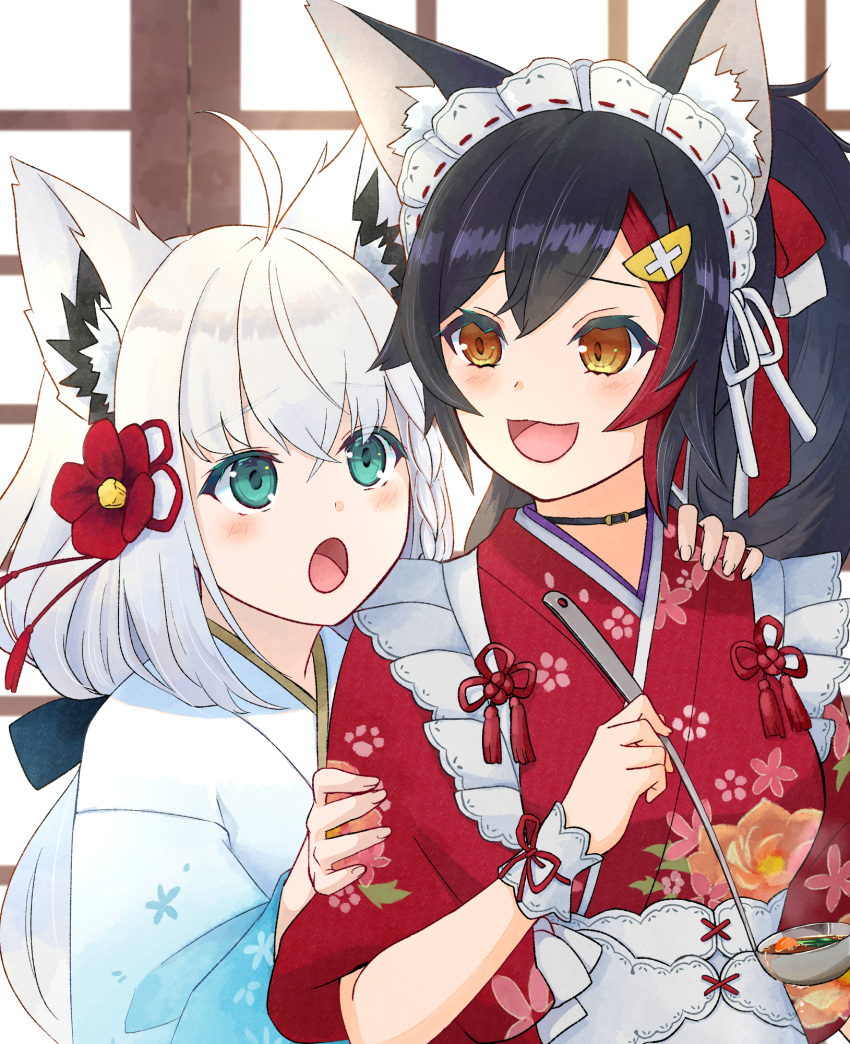 2girls ahoge animal_ear_fluff animal_ears apron black_hair blush bow braid commentary_request earrings floral_print flower fox_ears fox_girl green_eyes hair_between_eyes hair_bow hair_flower hair_ornament hairclip highres holding holding_ladle hololive indoors japanese_clothes jewelry kimono ladle long_hair looking_at_another maid_apron mia960 multicolored_hair multiple_girls new_year ookami_mio ookami_mio_(new_year) open_mouth ponytail red_kimono redhead shirakami_fubuki shirakami_fubuki_(new_year) sidelocks single_braid streaked_hair virtual_youtuber white_hair white_kimono wolf_ears wolf_girl yellow_eyes