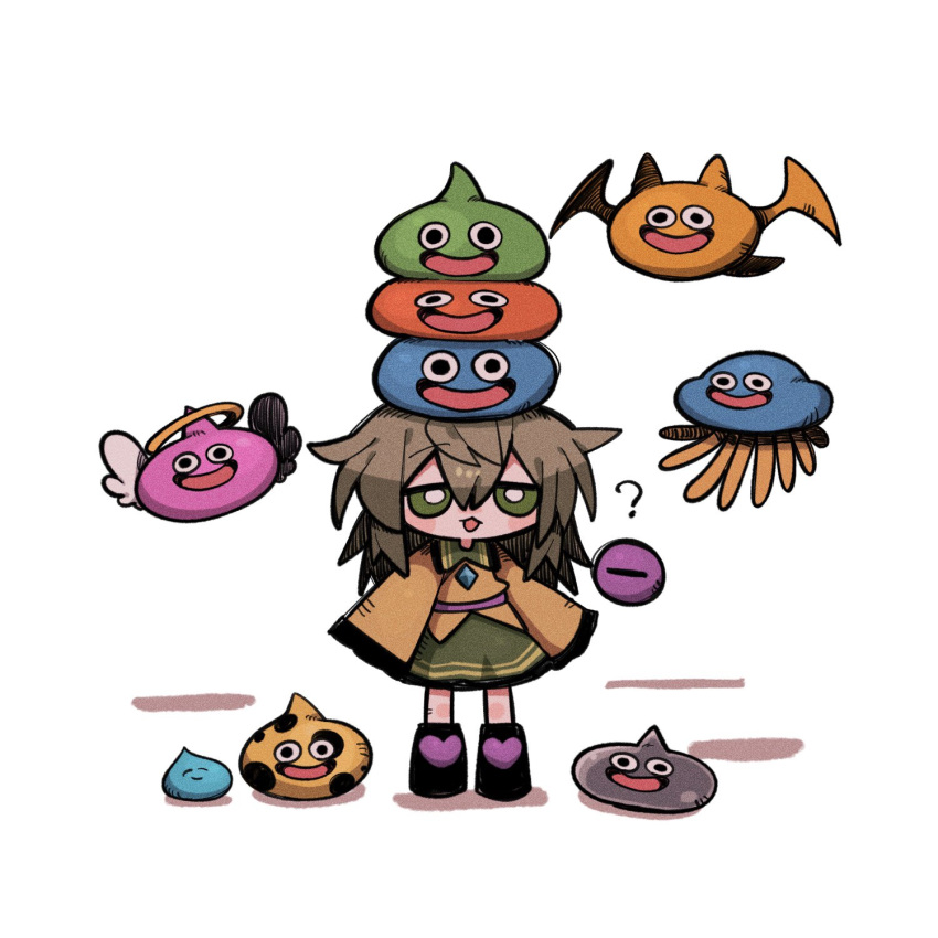 1girl :3 ? angel_slime angel_wings animal animal_on_head bat_wings black_footwear blush boots bright_pupils buttons character_request collar collared_shirt diamond_(shape) diamond_button disembodied_eye disembodied_limb dragon_quest floating flying frilled_shirt frilled_shirt_collar frilled_skirt frilled_sleeves frills green_collar green_eyes green_hair green_skirt hair_between_eyes halo healslime heart_button highres horns komeiji_koishi long_hair metal_slime on_head open_mouth orange_wings shirt simple_background skirt slime_(dragon_quest) slime_stack smile third_eye touhou white_background white_pupils white_wings wide_sleeves wings yellow_shirt zunusama