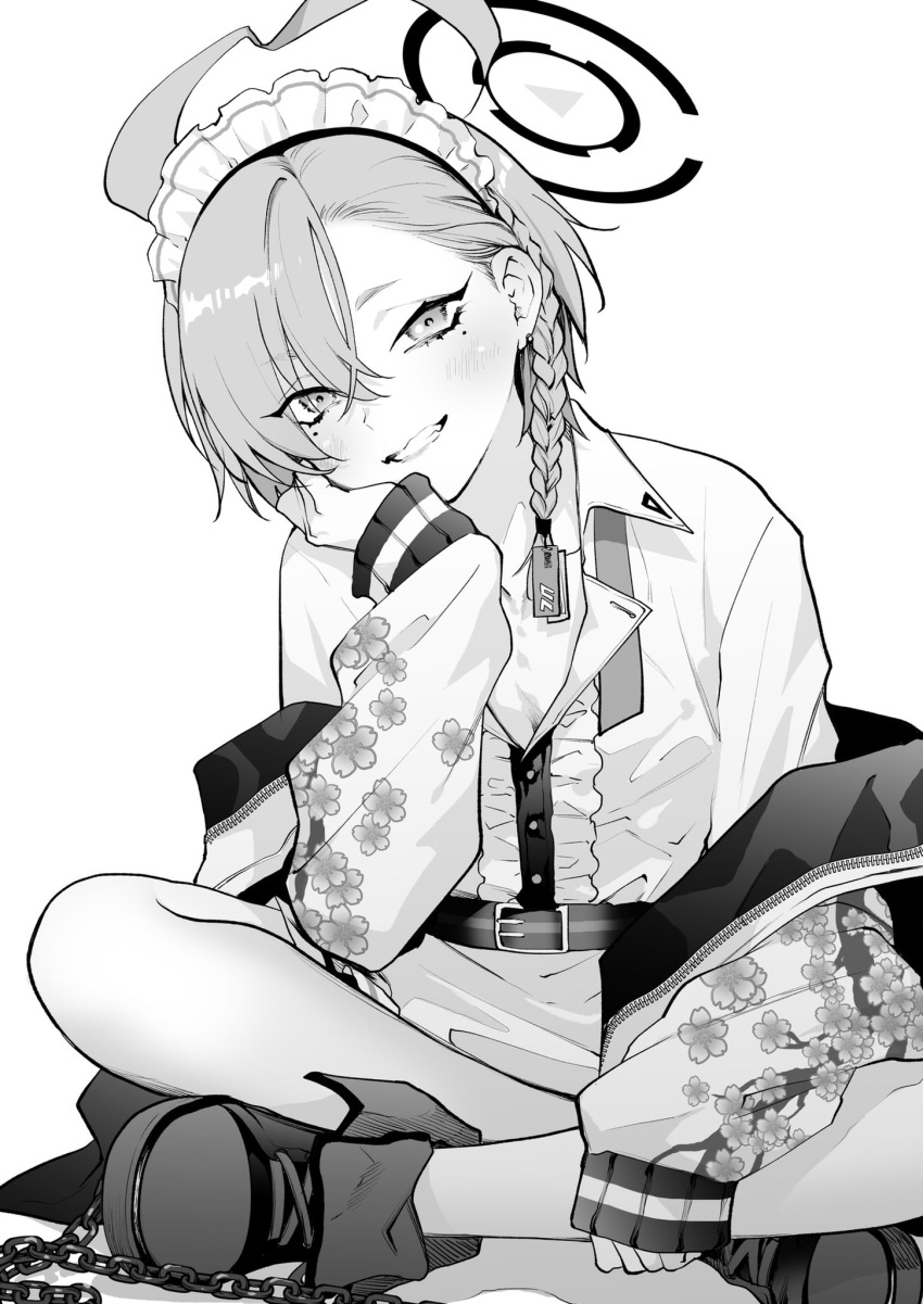 1girl ahoge asymmetrical_bangs belt blue_archive blush braid center_frills chain collarbone collared_shirt crossed_legs earrings floral_print frills greyscale grin hagyouayumu halo hand_on_own_cheek hand_on_own_face hand_up highres jacket jewelry long_sleeves looking_at_viewer maid_headdress mole mole_under_each_eye mole_under_eye monochrome multiple_moles neck_ribbon neru_(blue_archive) off_shoulder open_clothes open_shirt ribbon shirt shirt_tucked_in shoes short_hair simple_background single_braid sitting sleeves_past_wrists smile solo stud_earrings sukajan undone_neck_ribbon white_background