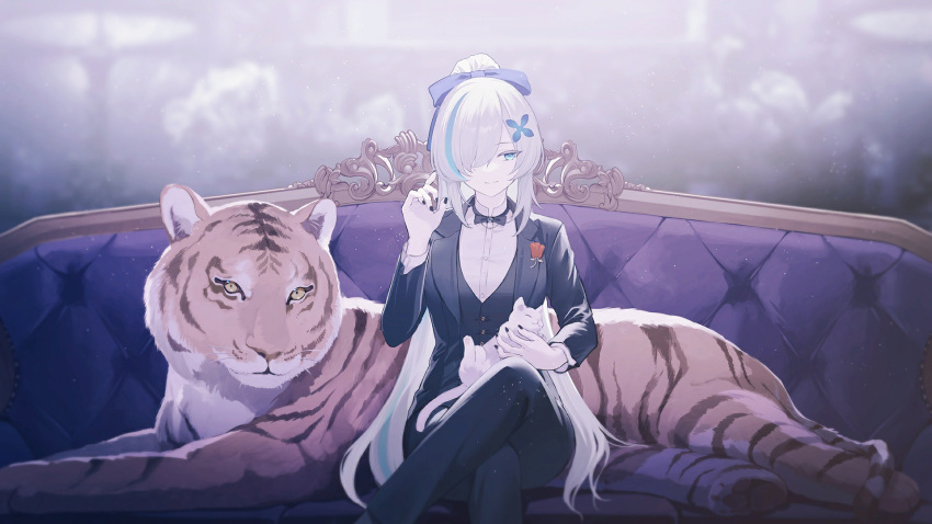 1girl aged_up animal animal_ears artist_request azur_lane black_bow black_bowtie black_jacket black_nails black_pants blue_eyes blue_hair bow bowtie butler cat collared_shirt colored_eyelashes colored_skin couch crossed_legs female_butler fingernails flower formal game_cg hair_bow hair_flower hair_ornament high_ponytail highres holding holding_animal holding_cat indoors jacket jewelry long_hair long_sleeves multicolored_hair nail_polish necklace non-web_source official_art on_couch pale_skin pant_suit pants shirt sitting smile streaked_hair suit tb_(azur_lane) tb_(type-l)_(azur_lane) tiger two-tone_hair very_long_hair white_hair white_skin