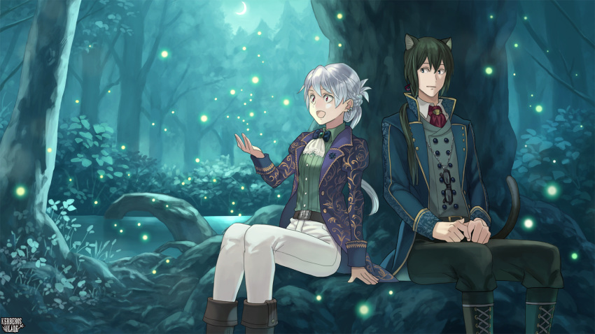 2boys :d animal_ears ascot belt black_footwear black_pants bow bowtie braid brown_footwear bug cat_ears cat_tail copyright_name crescent_moon firefly forest grey_hair hair_over_shoulder hand_up highres kerberos_blade long_hair long_sleeves lore_steetsleve moon multiple_boys nature night outdoors pants ponytail shimizu_kazuma sitting smile tail tsukioka_keru vest white_pants