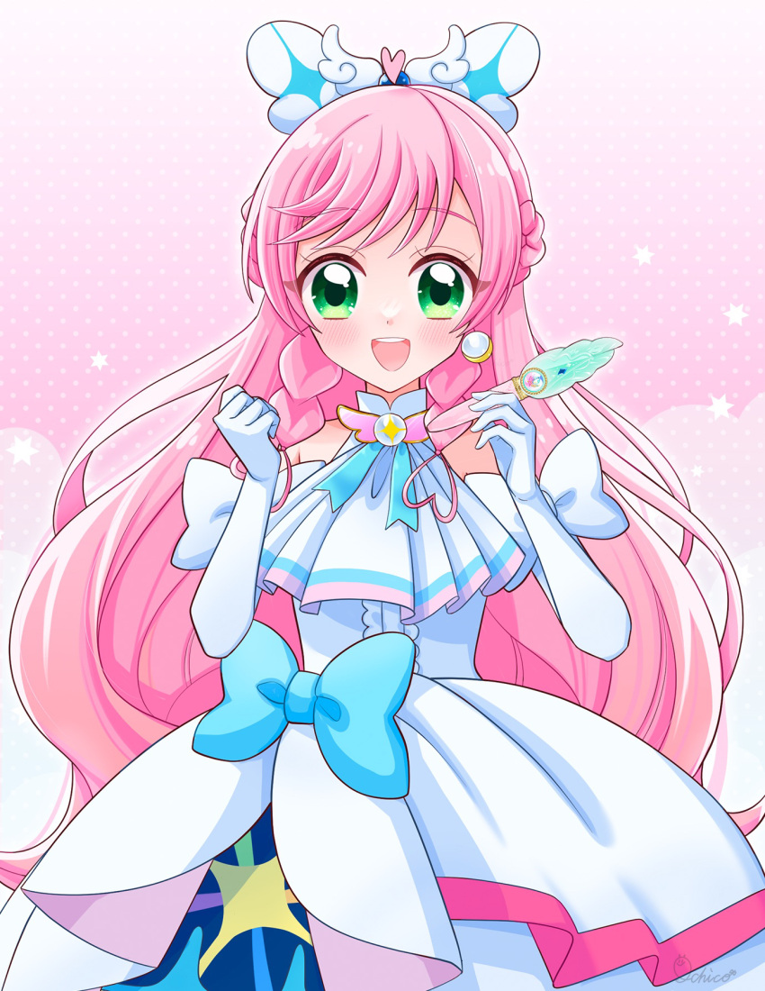 1girl :d artist_name ascot bow braid brooch cowboy_shot cure_prism dress dress_bow earrings elbow_gloves french_braid gloves green_eyes hair_bow highres hirogaru_sky!_precure holding ichico_mkmk jewelry layered_dress long_hair looking_at_viewer magical_girl mirage_pen nijigaoka_mashiro open_mouth pink_hair precure side_braid signature single_earring sleeveless sleeveless_dress smile solo standing twin_braids very_long_hair white_ascot white_bow white_dress white_gloves wing_brooch