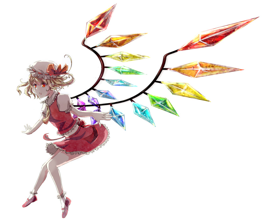 1girl ascot blonde_hair bobby_socks breasts closed_mouth collared_shirt crystal flandre_scarlet frilled_shirt_collar frilled_skirt frilled_sleeves frilled_vest frills from_side full_body hat hat_ribbon highres mary_janes medium_hair mob_cap multicolored_wings one_side_up puffy_short_sleeves puffy_sleeves red_eyes red_footwear red_ribbon red_skirt red_vest ribbon ribbon-trimmed_headwear ribbon_trim shirt shoes short_sleeves simple_background skirt small_breasts socks solo touhou vest white_background white_headwear white_shirt white_socks wings yellow_ascot zatsumi