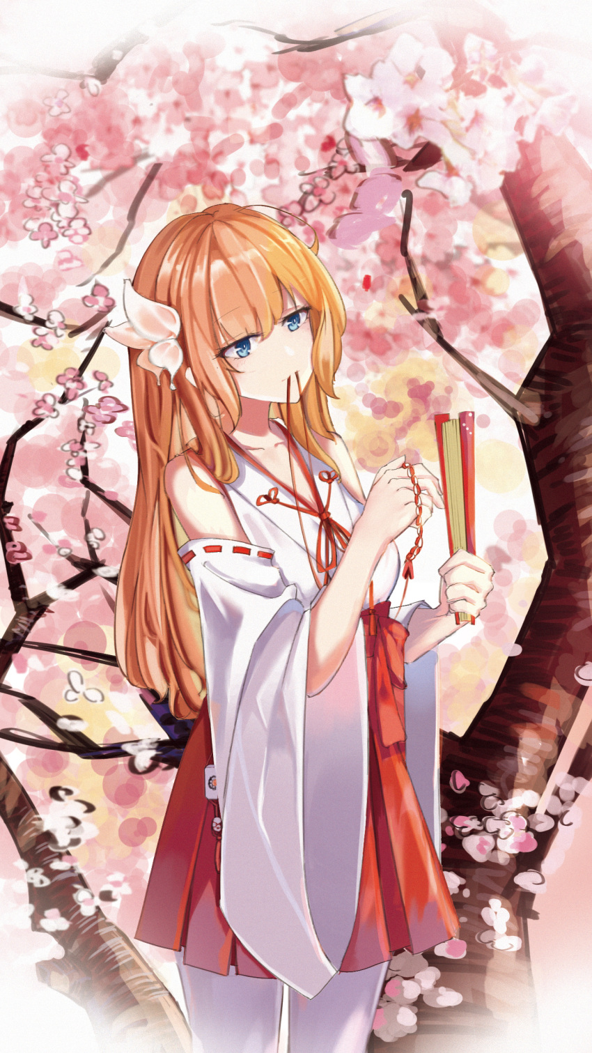 1girl absurdres aihara_mai blonde_hair blue_eyes blush breasts cherry_blossoms closed_mouth commentary_request cowboy_shot detached_sleeves flower folding_fan hair_flower hair_ornament hakama hakama_skirt hand_fan head_tilt highres holding holding_fan japanese_clothes long_hair mahjong_soul medium_bangs medium_breasts miko mouth_hold pantyhose red_skirt ribbon-trimmed_sleeves ribbon_trim shirt skirt sleeveless sleeveless_shirt solo standing tree white_flower white_pantyhose white_shirt white_sleeves wide_sleeves wind--chaser