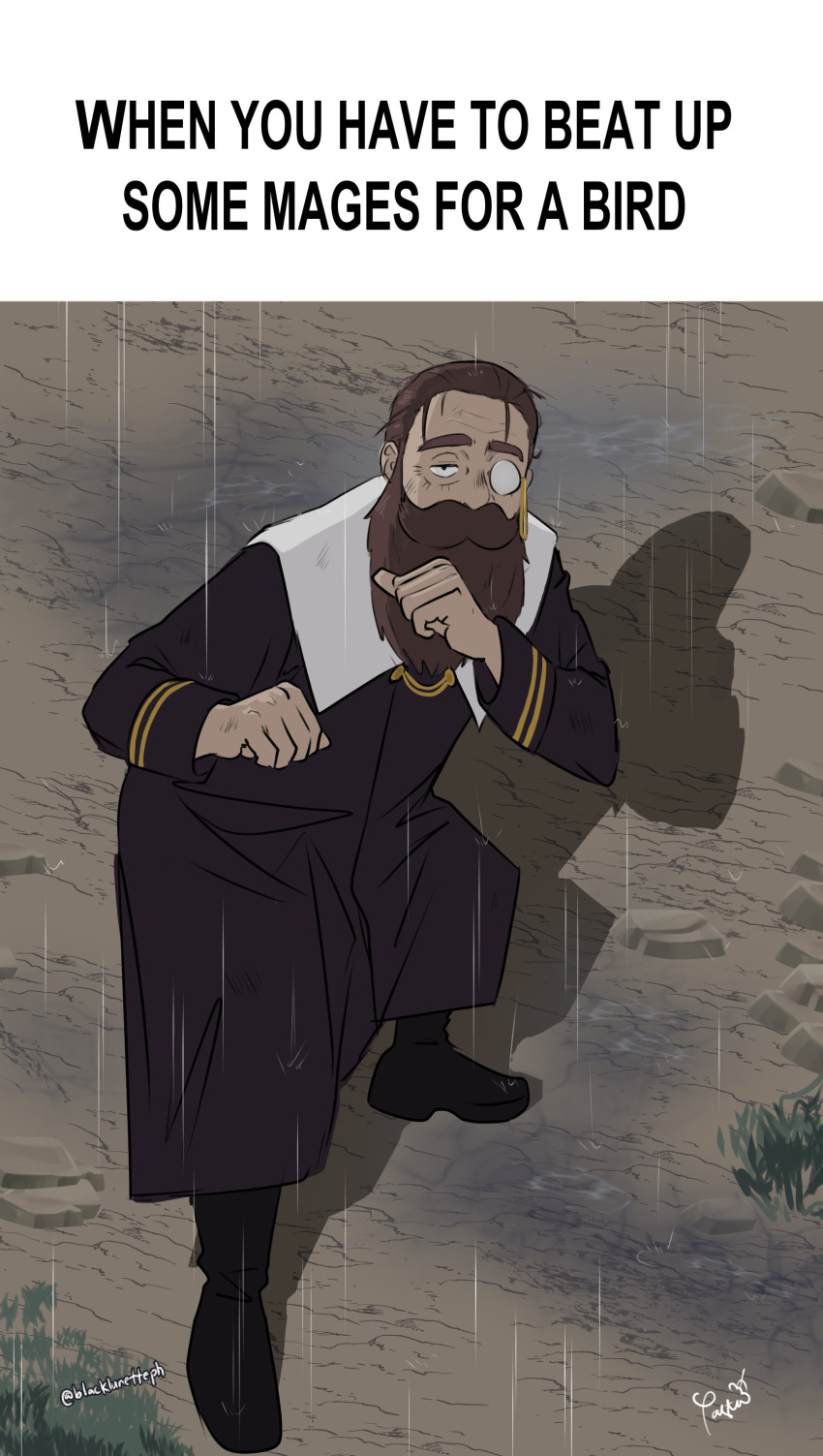 1boy absurdres beard black_eyes black_footwear black_lunette black_robe boots brown_hair collar commentary denken_(sousou_no_frieren) english_commentary english_text facial_hair fighting_stance full_body gif_caption_(meme) grass highres long_beard long_sleeves looking_at_viewer male_focus meme monocle mustache rain robe short_hair solo sousou_no_frieren standing water white_collar