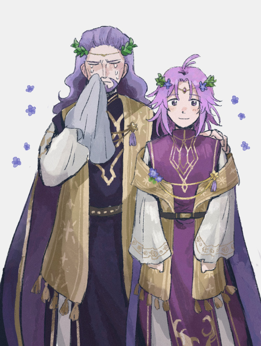 2boys arm_around_shoulder beard cape cho_yoy circlet closed_mouth crying facial_hair father_and_son fire_emblem fire_emblem:_the_sacred_stones fire_emblem_heroes flower hair_flower hair_ornament handkerchief highres holding_handkerchief long_hair long_sleeves looking_at_viewer lyon_(fire_emblem) lyon_(valentine)_(fire_emblem) medium_hair multiple_boys official_alternate_costume purple_cape purple_hair smile tears vigarde_(fire_emblem) vigarde_(valentine)_(fire_emblem) violet_eyes white_background wide_sleeves