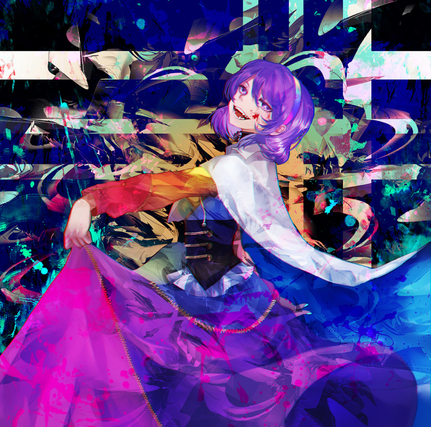 1girl black_corset blood blood_on_face blood_stain cape clothes_lift collared_cape corset curly_hair dancing dress dress_lift frilled_corset frills hairband long_sleeves looking_at_viewer medium_hair mirimo multicolored_clothes multicolored_dress multicolored_hairband open_mouth purple_hair sharp_teeth sleeves_past_wrists smile teeth tenkyuu_chimata tongue touhou unconnected_marketeers violet_eyes white_cape zipper zipper_dress zipper_pull_tab