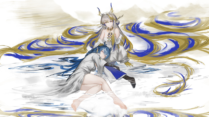 2girls absurdly_long_hair absurdres aglancethatlastshalfalifetime arknights barefoot black_skin blonde_hair blue_eyes blue_hair chinese_commentary colored_skin commentary dragon_girl dragon_horns dress feet frown full_body grey_eyes grey_hair hair_ornament hairpin hand_on_another's_head highres horns jacket jewelry lap_pillow ling_(arknights) long_hair looking_at_viewer mountainous_horizon multicolored_hair multiple_girls necklace no_shoes partially_submerged pointy_ears shu_(arknights) siblings sisters soles toes very_long_hair water white_dress white_jacket yellow_skin