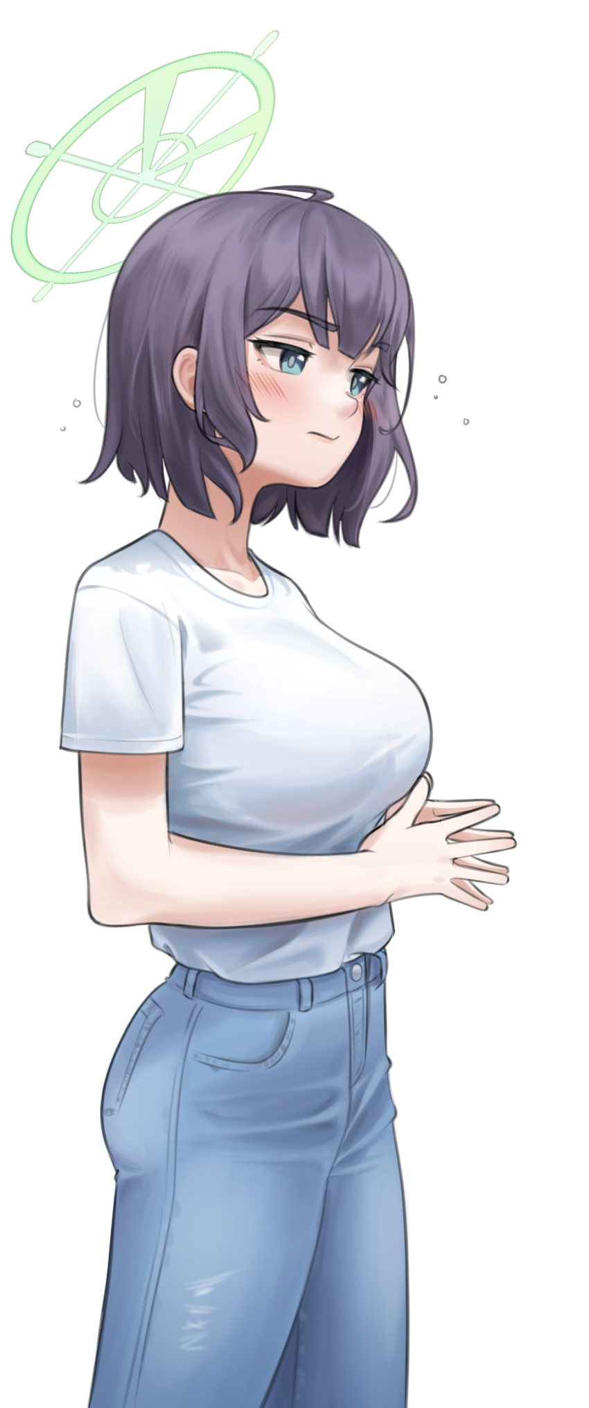 1girl absurdres blue_archive blue_eyes blue_pants blush breasts closed_mouth commentary_request denim halo highres jeans medium_breasts pants purple_hair saki_(blue_archive) samgong shirt short_hair short_sleeves simple_background solo steepled_fingers white_background white_shirt