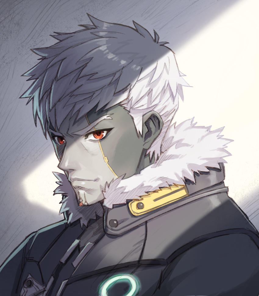 1boy black_jacket closed_mouth colored_skin commentary_request decoponmagi fur-trimmed_jacket fur_trim grey_hair grey_skin highres jacket lanz_(xenoblade) looking_at_viewer male_focus procreate_(medium) red_eyes revision shiranuihakase solo thick_eyebrows upper_body v-shaped_eyebrows xenoblade_chronicles_(series) xenoblade_chronicles_3