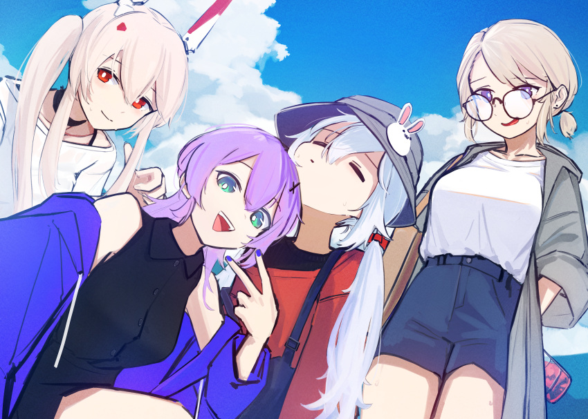 4girls :d absurdres ayanami_(azur_lane) azur_lane bare_shoulders black-framed_eyewear black_shirt blue_jacket blue_nails blue_shorts blue_sky bottle breasts brown_hair closed_eyes closed_mouth clouds collarbone collared_shirt commentary_request day drawstring dress_shirt glasses green_eyes grey_hair grey_headwear grey_jacket hair_between_eyes hair_ornament hairclip hat headgear highres hood hood_down hooded_jacket jacket javelin_(azur_lane) laffey_(azur_lane) long_hair low_twintails medium_breasts multiple_girls nail_polish off_shoulder open_clothes open_jacket outdoors purple_hair red_eyes red_shirt round_eyewear rzk_iii selfie shirt short_shorts shorts sky sleeveless sleeveless_shirt small_breasts smile twintails v very_long_hair violet_eyes white_shirt z23_(azur_lane)