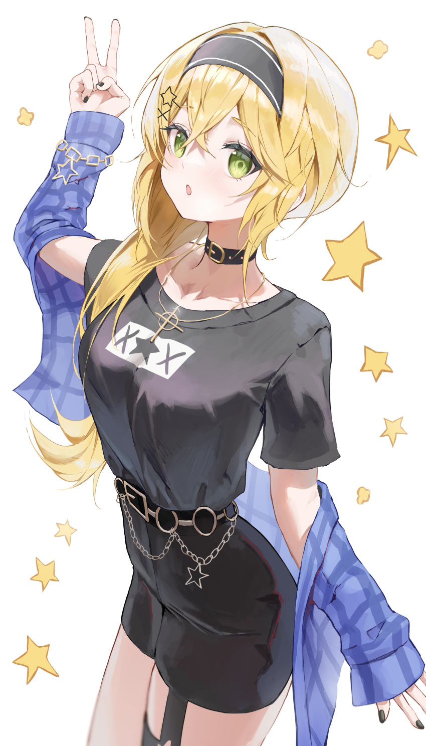 1girl :o absurdres belt belt_collar black_nails black_shirt black_shorts blonde_hair breasts collar collarbone cowboy_shot crossed_bangs dokibird_(vtuber) dotthebot green_eyes hair_between_eyes hair_over_shoulder hairband high-waist_shorts highres indie_virtual_youtuber long_hair looking_at_viewer narrow_waist open_clothes open_mouth open_shirt shirt shirt_tucked_in short_shorts short_sleeves shorts solo starry_background v virtual_youtuber
