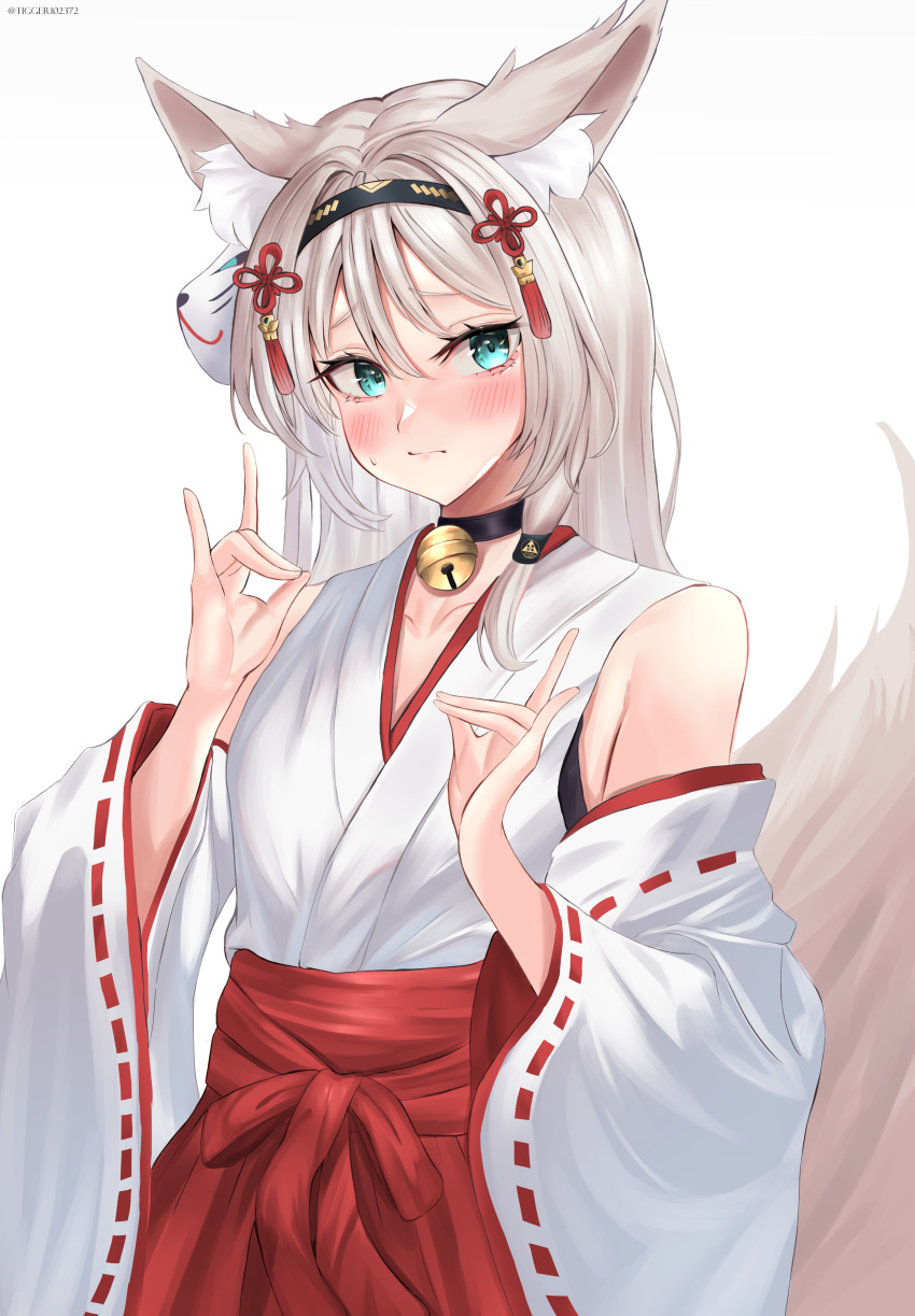 1girl absurdres an-94_(girls'_frontline) animal_ears aqua_eyes bell blush collar double_fox_shadow_puppet fox_ears fox_mask fox_shadow_puppet fox_tail girls_frontline hairband highres japanese_clothes long_hair mask miko neck_bell solo sweatdrop tail tigger_drawing white_background white_hair