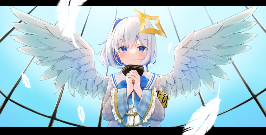 1girl absurdres amane_kanata angel angel_wings blue_eyes blue_hair blush closed_mouth colored_inner_hair commentary_request falling_feathers feathered_wings grey_shirt halo highres hololive long_sleeves looking_at_viewer multicolored_hair own_hands_together rate_mogyu sailor_collar shirt short_hair smile solo star_halo straight-on streaked_hair upper_body virtual_youtuber white_sailor_collar white_wings wings yellow_halo