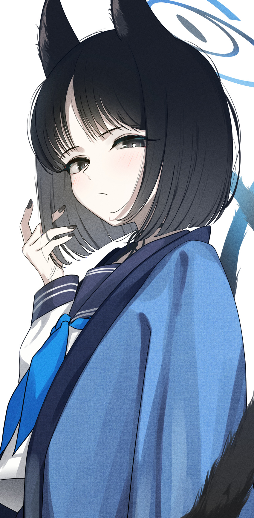 1girl absurdres animal_ear_fluff animal_ears black_eyes black_hair black_nails black_ribbon black_sailor_collar blue_archive blue_halo blue_kimono blue_neckerchief blush bob_cut bright_pupils cat_ears cat_tail closed_mouth commentary expressionless from_side halo hand_up highres japanese_clothes kazu_(kauk3753) kikyou_(blue_archive) kimono long_sleeves medium_hair multiple_tails nail_polish neck_ribbon neckerchief open_clothes open_kimono playing_with_own_hair ribbon sailor_collar school_uniform serafuku simple_background solo straight_hair tail tail_raised tsurime two_tails upper_body white_background white_pupils