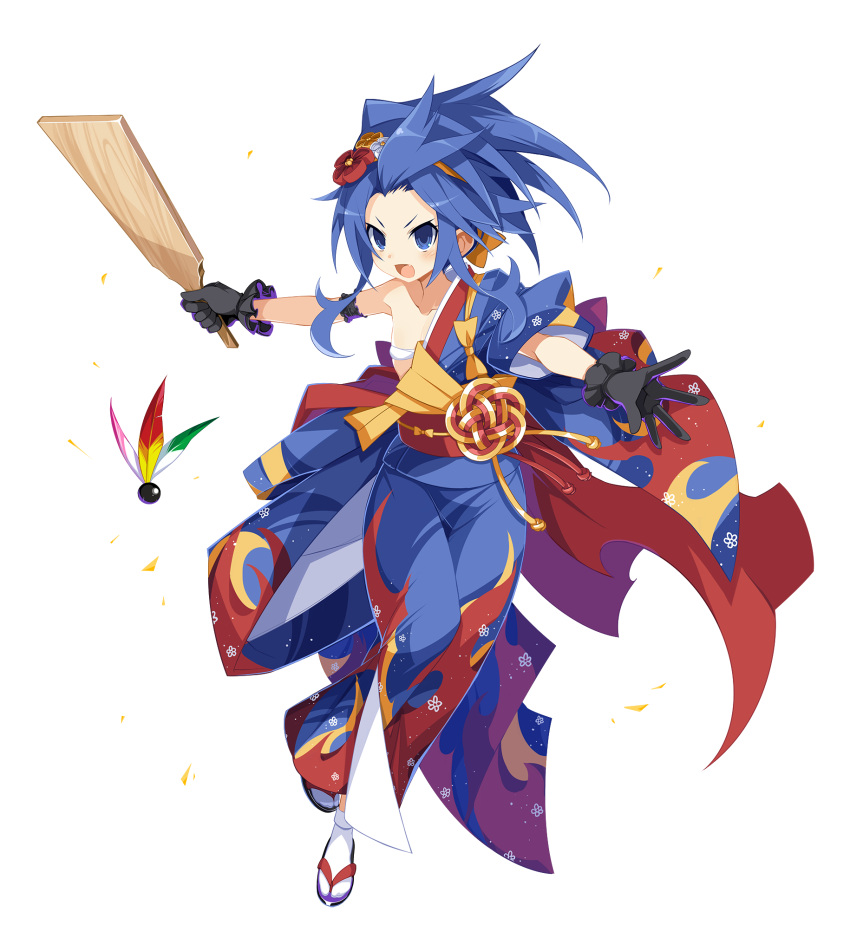 1girl bandeau black_gloves blue_eyes blue_hair disgaea disgaea_rpg fang flat_chest full_body gloves hairband highres long_hair nippon_ichi_(neptunia) off_shoulder official_art open_mouth outstretched_arms photoshop_(medium) sandals solo spread_arms tabi transparent_background