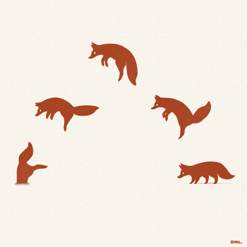 absurdres animal animal_focus commentary flat_color fox from_side highres jumping monochrome multiple_views no_humans no_lineart omelette_(mesozoic_arbour) original signature silhouette simple_background white_background