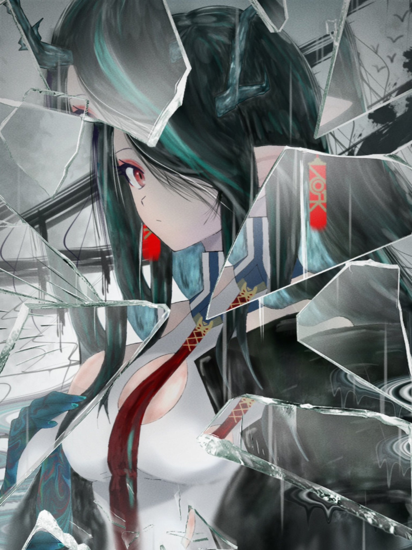 1girl arknights arm_tattoo black_hair broken_glass dragon_girl dragon_horns dragon_tail dress dusk_(arknights) glass green_hair hair_over_one_eye highres holding horns looking_at_viewer multicolored_hair off_shoulder one_eye_covered pointy_ears red_eyes sitting skirt solo streaked_hair tail tattoo upper_body white_dress wwvc7qr8fvifxz