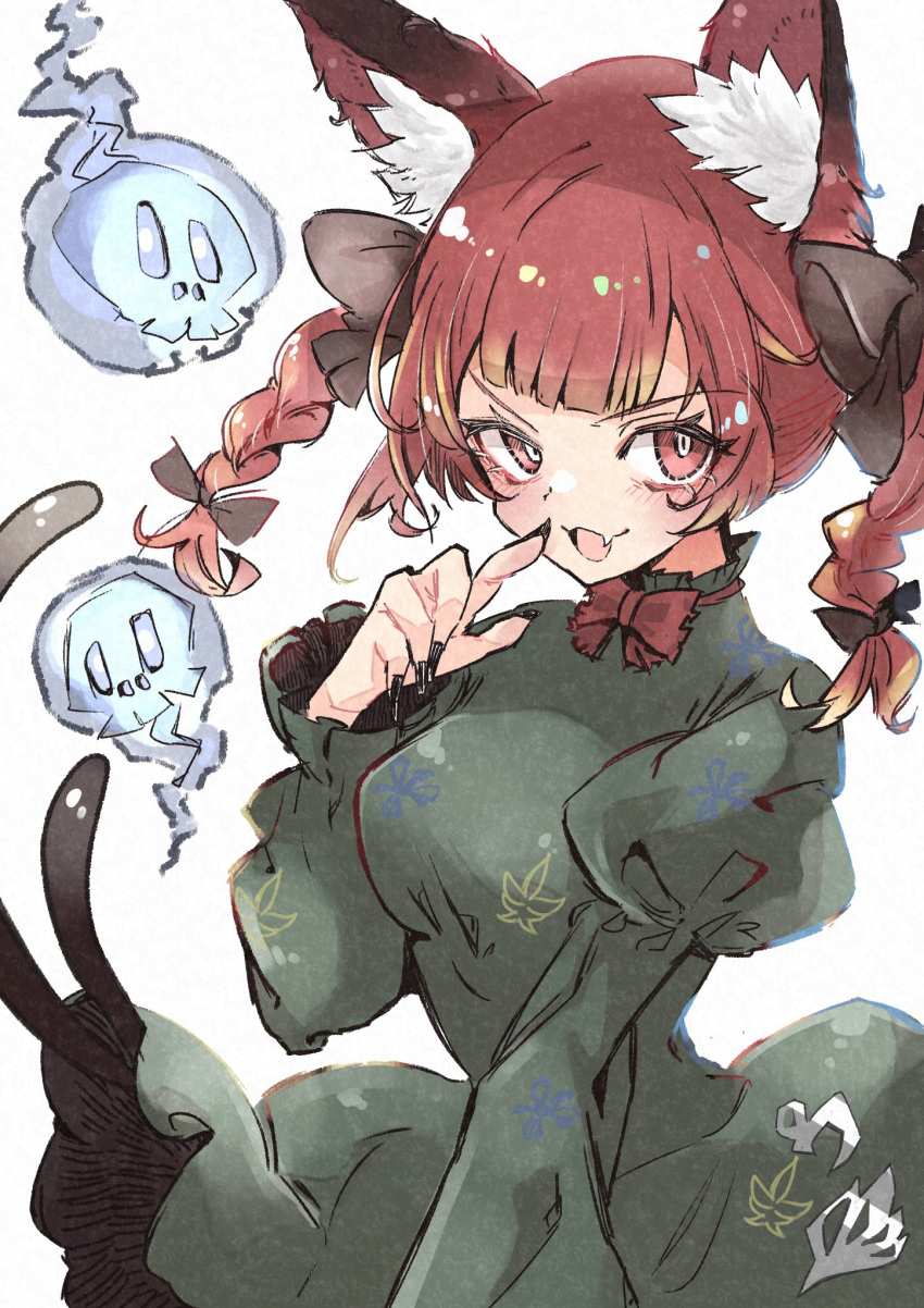 1girl animal_ear_fluff animal_ears black_bow black_nails bow braid breasts cat_ears cat_tail deal360acv dress fang fingernails green_dress hair_bow highres hitodama juliet_sleeves kaenbyou_rin long_sleeves looking_at_viewer medium_breasts medium_hair multiple_tails open_mouth puffy_sleeves red_eyes redhead sharp_fingernails simple_background smile solo tail touhou twin_braids two_tails upper_body white_background