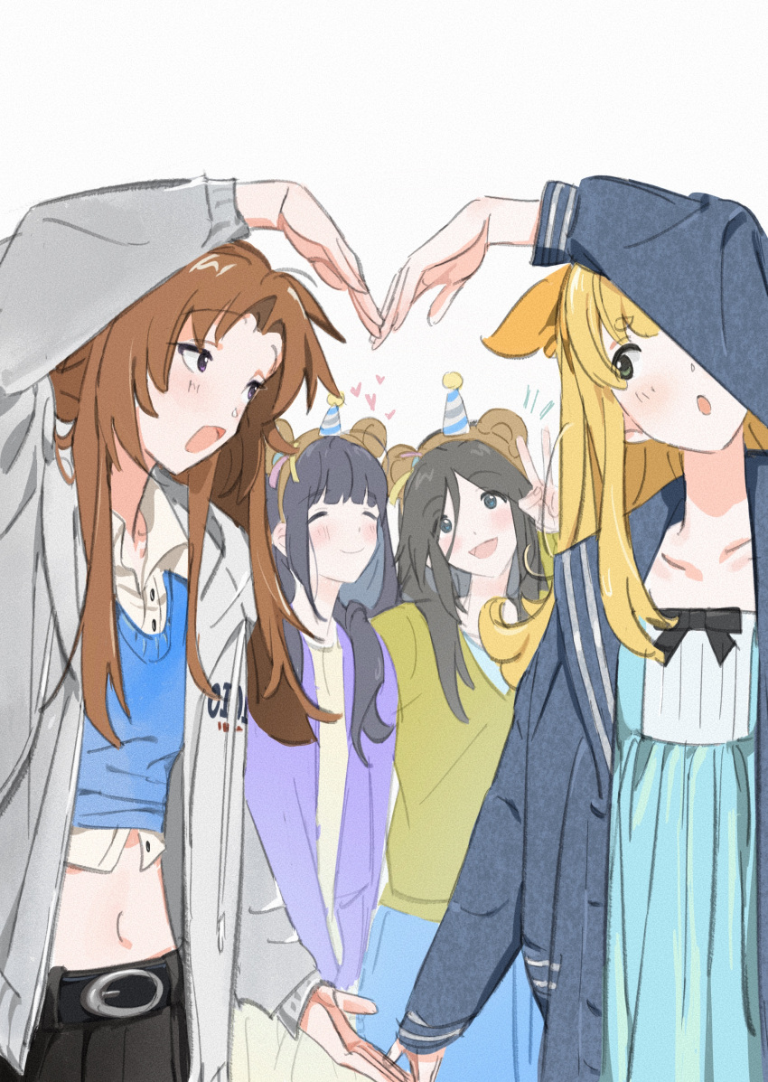 4girls :o absurdres aqua_dress arm_up belt black_belt black_bow black_eyes black_hair black_jacket blonde_hair blue_vest blunt_bangs bow bow_hairband brown_hair buttons closed_eyes closed_mouth collarbone crop_top dentist_(artist) dress dress_bow grey_jacket hairband hand_up hat heart hibike!_euphonium highres jacket kasaki_nozomi liz_to_aoi_tori long_hair long_sleeves looking_at_another looking_at_viewer midriff multiple_girls nakagawa_natsuki navel one_eye_covered open_mouth orange_hairband parted_bangs party_hat purple_jacket shirt sidelocks simple_background sleeves_past_wrists standing v v-neck vest violet_eyes white_background white_shirt yellow_shirt yoroizuka_mizore yoshikawa_yuuko