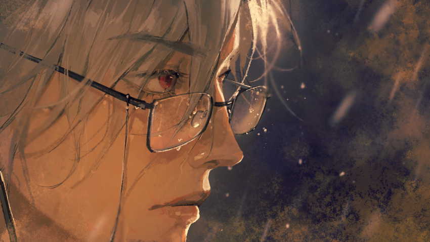 1boy absurdres black-framed_eyewear ccccl. close-up eyewear_strap from_side glasses head_only highres lips looking_ahead male_focus mr._fox_(path_to_nowhere) path_to_nowhere rain red_eyes semi-rimless_eyewear solo water_drop wet white_hair