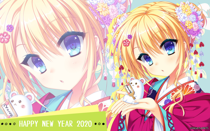 1girl 2020 alternate_costume alternate_hairstyle animal blonde_hair blue_eyes blue_kimono blush blush_stickers cherry_blossom_print chestnut_mouth chinese_zodiac company_name dated double_bun drop_shadow eyelashes eyes_visible_through_hair floral_print flower hair_between_eyes hair_bun hair_flower hair_ornament hairclip hands_up happy_new_year highres holding holding_animal japanese_clothes kanzashi kimono kin-iro_loveriche kisaki_reina layered_clothes layered_kimono light_blue_background long_hair long_sleeves looking_at_viewer mouse official_art official_wallpaper parted_lips pink_flower pink_kimono print_kimono purple_flower sidelocks simple_background solo toranosuke upper_body white_flower wide_sleeves year_of_the_rat yellow_flower