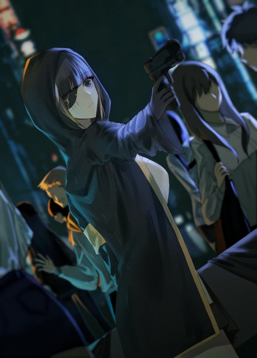 6+others black_gloves black_jacket brown_eyes brown_hair city closed_mouth eyepatch girls_frontline gloves gun handgun highres jacket long_hair looking_to_the_side m16a1_(girls'_frontline) mole mole_under_eye multicolored_hair multiple_others night night_sky particle_cannon_case scar shirt sky weapon xanax025 yellow_shirt