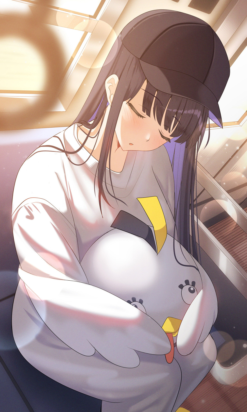 1girl absurdres baseball_cap bird_costume black_hair black_headwear blue_archive blue_hair blurry blush bokeh closed_eyes colored_inner_hair dated_commentary depth_of_field hat highres light_particles long_hair multicolored_hair open_mouth peroro_(blue_archive) saori_(blue_archive) sitting sleeping solo sysen train_interior