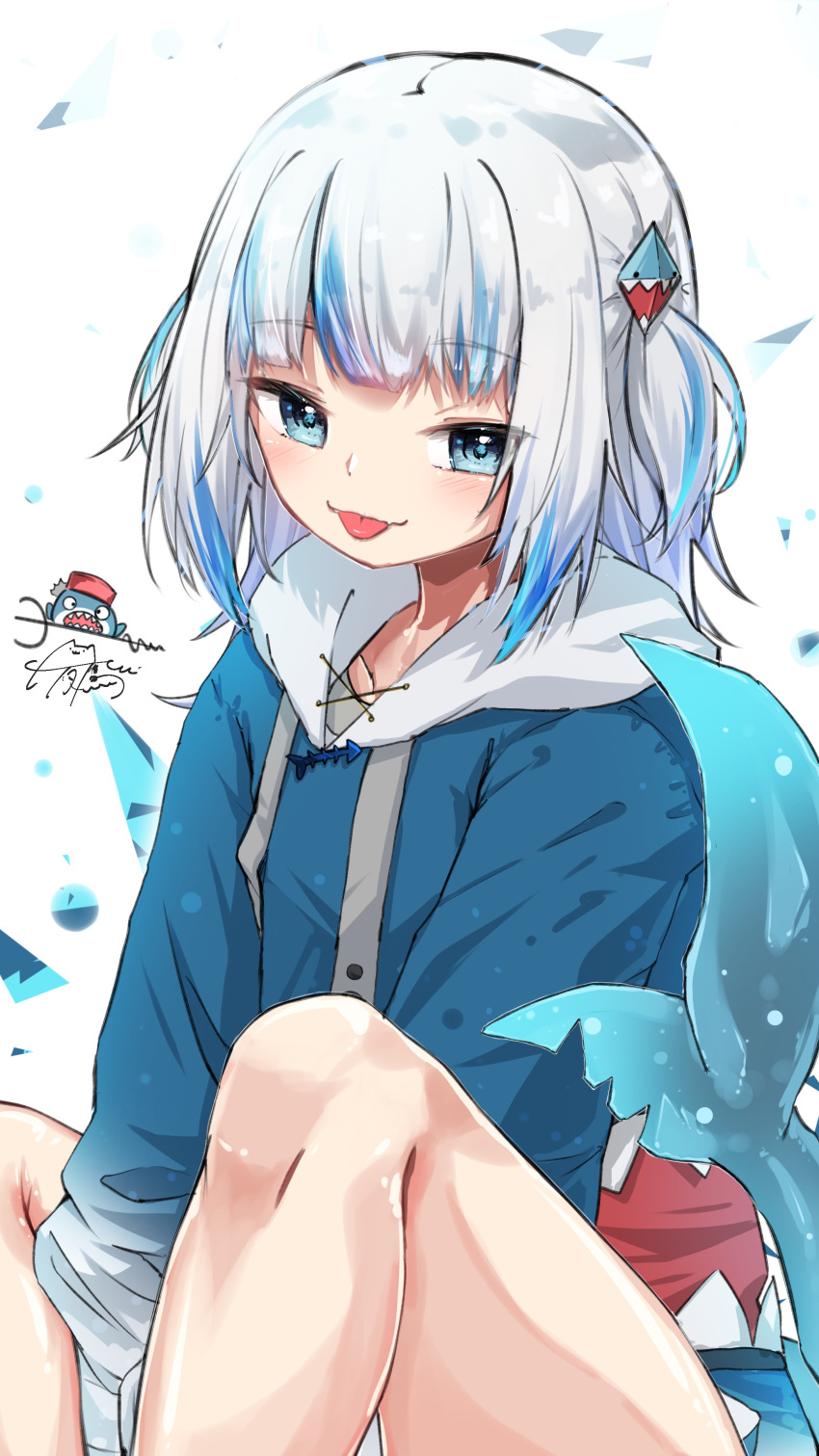 1girl absurdres animal_costume blue_eyes blue_hair blue_hoodie blush fang fins fish_tail gawr_gura gawr_gura_(1st_costume) grey_hair hair_ornament highres hololive hololive_english hood hoodie looking_at_viewer medium_hair multicolored_hair shark_costume shark_girl shark_hair_ornament shark_tail skin_fang smile solo streaked_hair tail tongue tongue_out u_da_desu virtual_youtuber white_background