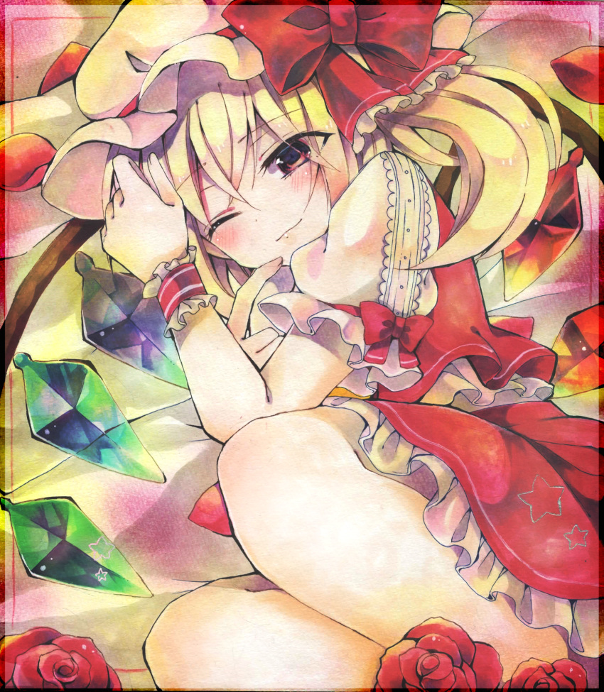 blonde_hair bow closed_mouth crystal feet_out_of_frame flandre_scarlet flower frilled_bow frilled_skirt frilled_sleeves frills from_side hat hat_bow highres light_smile looking_at_viewer medium_hair mob_cap multicolored_wings one_eye_closed one_side_up puffy_short_sleeves puffy_sleeves red_bow red_eyes red_flower red_ribbon red_rose red_skirt red_vest ribbon ribbon-trimmed_headwear ribbon_trim rose shirt short_sleeves skirt sleeve_bow sleeve_ribbon touhou traditional_media vest white_headwear white_shirt wings wrist_cuffs yukkii_(yukkii710)