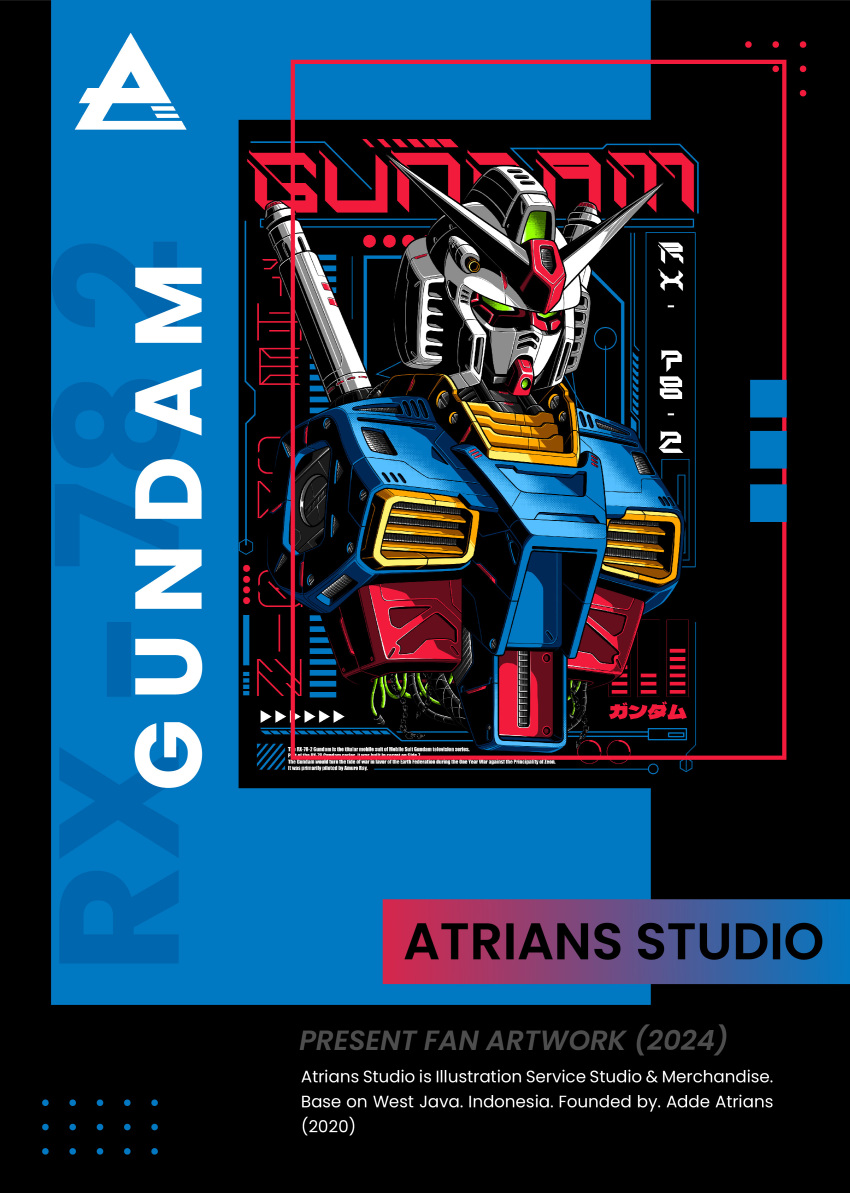 2024 absurdres atriansstudio cable character_name dated english_commentary english_text green_eyes gundam highres machinery mecha mobile_suit mobile_suit_gundam no_humans photoshop_(medium) robot rx-78-2 science_fiction severed_torso signature upper_body v-fin