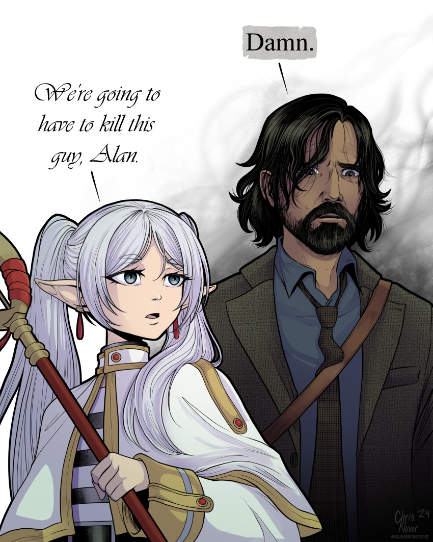 1boy 1girl absurdres alan_wake alan_wake_(game) arms_at_sides beard black_hair capelet collared_shirt crossover dangle_earrings drop_earrings earrings elf english_commentary english_text facial_hair frieren grey_hair highres holding holding_staff i_think_we're_gonna_have_to_kill_this_guy_steven_(meme) jacket jewelry kluverdesigns long_hair long_sleeves mage_staff meme necktie open_clothes open_jacket parted_bangs parted_lips pointy_ears shirt short_hair sousou_no_frieren staff twintails upper_body white_capelet wing_collar