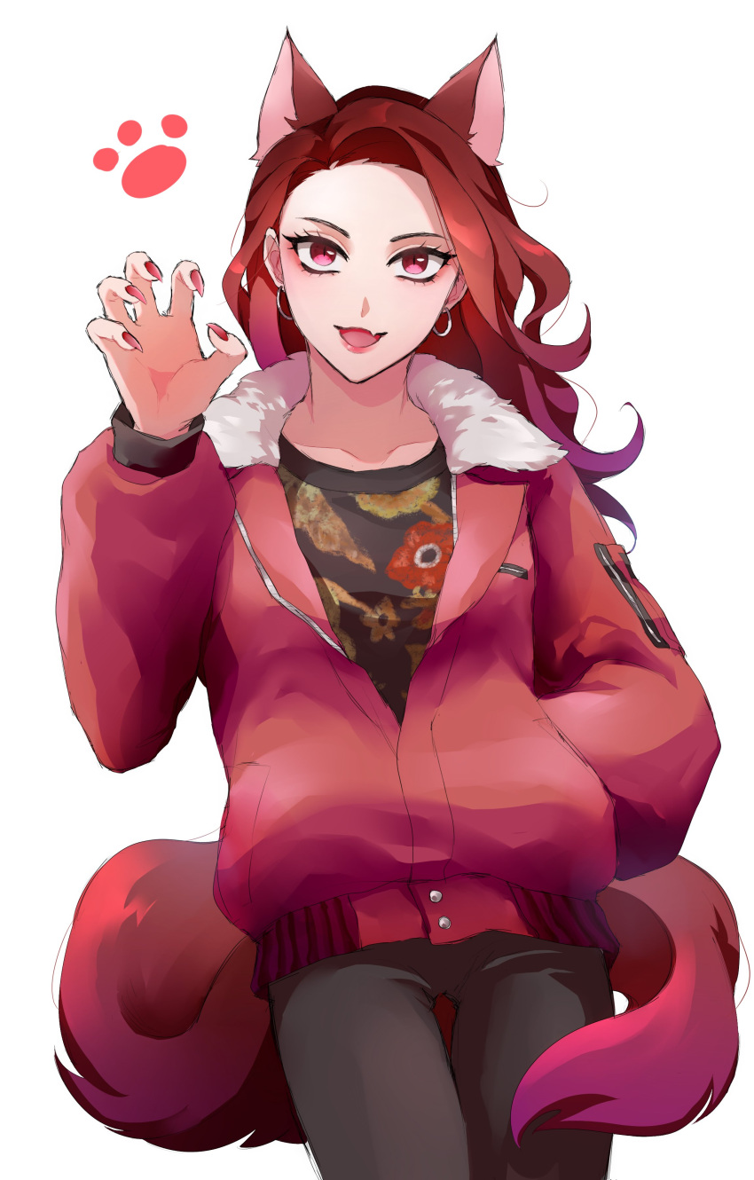 1girl absurdres akame_(ryuu_ga_gotoku) animal_ears black_pants black_shirt cowboy_shot earrings fingernails hand_in_pocket hand_up highres jacket jewelry long_hair long_sleeves me_8jo open_mouth pants red_eyes red_jacket red_nails redhead ryuu_ga_gotoku_(series) ryuu_ga_gotoku_7_gaiden sharp_fingernails shirt simple_background smile solo standing tail white_background