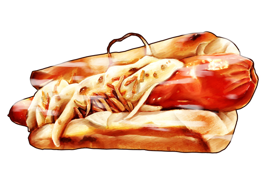 absurdres bread cheese food food_focus highres hot_dog hot_dog_bun kaneko_ryou no_humans original sausage simple_background still_life white_background