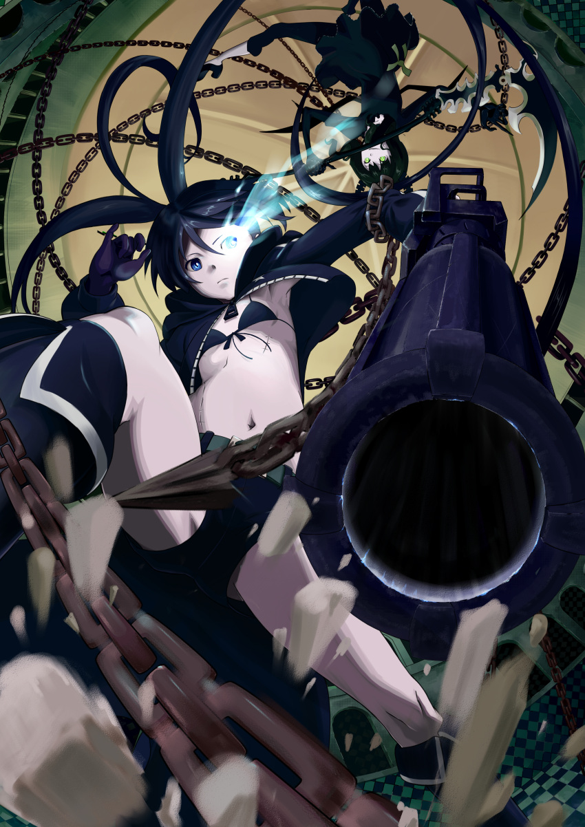 absurdres arm_cannon battle black_dress black_hair black_rock_shooter black_rock_shooter_(character) blue_eyes boots chain dead_master dress foreshortening glowing glowing_eyes highres horns long_hair midriff multiple_girls navel pale_skin pettan_p scar scythe shorts smile twintails very_long_hair weapon