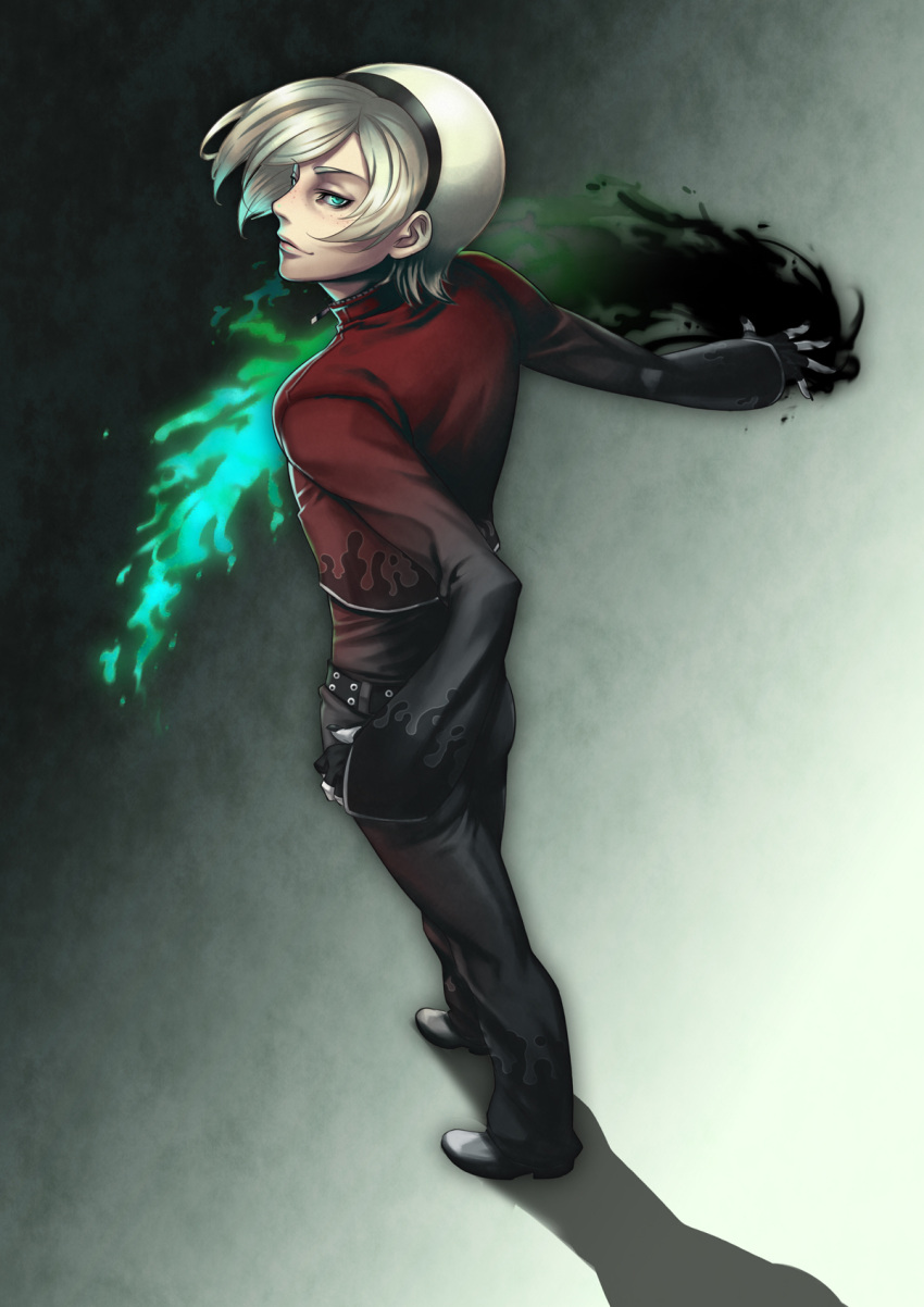 androgynous aqua_eyes ash_crimson aura blonde_hair fingerless_gloves fire freckles gloves green_fire hairband highres king_of_fighters looking_back male sethxzoe shadow simple_background snk solo standing trap white_hair