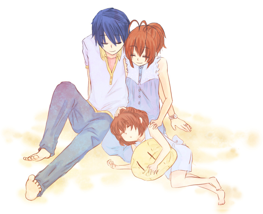 blue_hair brown_hair clannad closed_eyes dango_daikazoku family furukawa_nagisa highres husband_and_wife ma_you okazaki_tomoya okazaki_ushio sleeping t-shirt_material