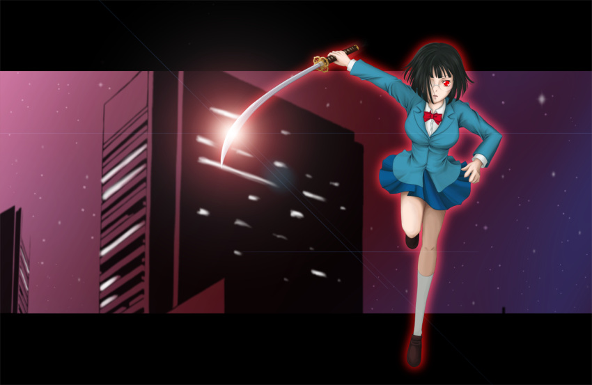 breasts building durarara!! glasses hair_over_one_eye large_breasts lens_flare mikankoo night pleated_skirt red_eyes school_uniform short_hair skirt solo sonohara_anri star sword weapon