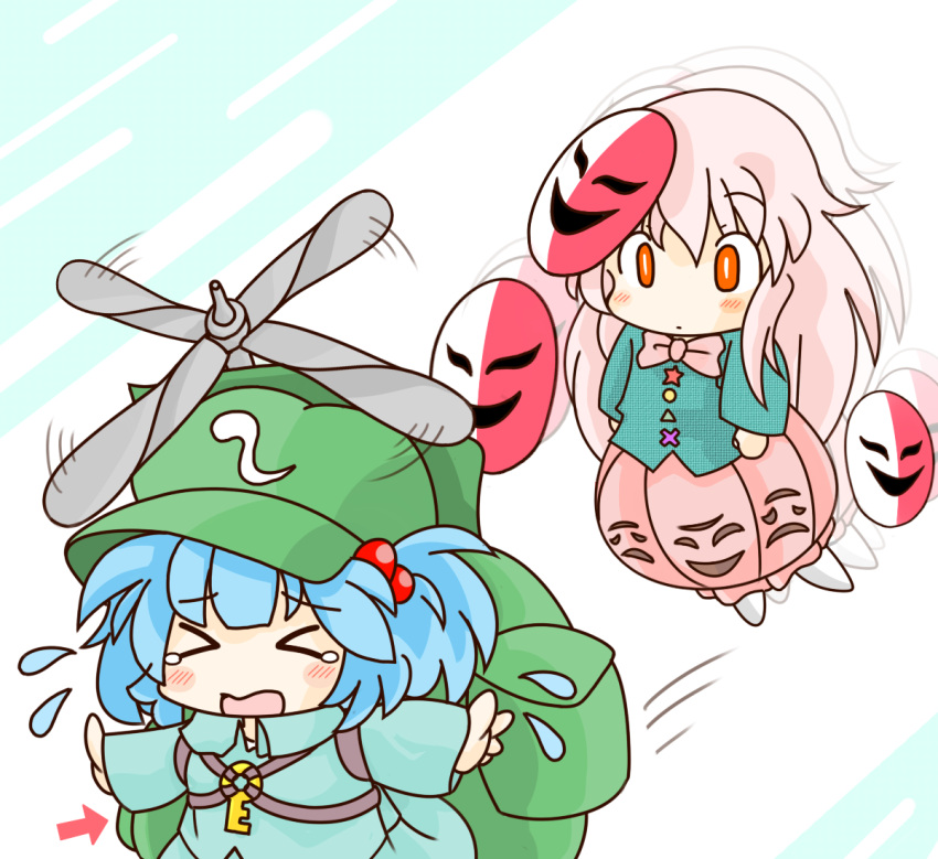 &gt;_&lt; backpack bag blue_hair bowtie chibi flying_sweatdrops hair_bobbles hair_ornament hat hata_no_kokoro kawashiro_nitori key mask orange_eyes phanto pink_hair short_twintails skirt super_mario_bros. touhou twintails