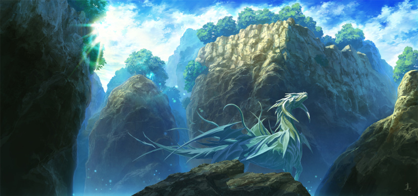canyon cloud clouds dragon fantasy forest glowing glowing_eyes gragon horns landscape lens_flare mstk nature no_humans original rock scenery signature sky sparks sun tail tree wings