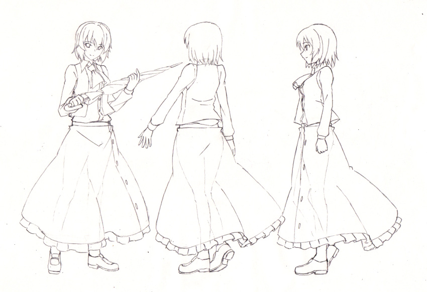 ascot bangs breasts character_sheet closed_umbrella dress_shirt from_behind h-new hips kazami_yuuka legs loafers looking_at_viewer monochrome profile see-through shirt shoes simple_background skirt smile touhou turnaround umbrella vest white_background