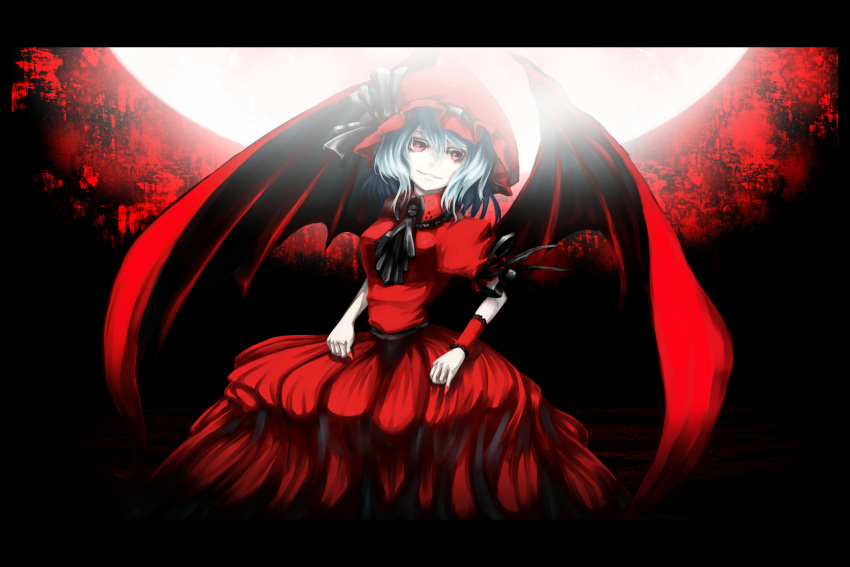 alternate_color bat_wings blue_hair bow breasts dress fingernails full_moon grin hat highres letterboxed moon nails pale_skin red red_eyes remilia_scarlet ribbon silver_hair smile solo touhou wings wrist_cuffs wristband