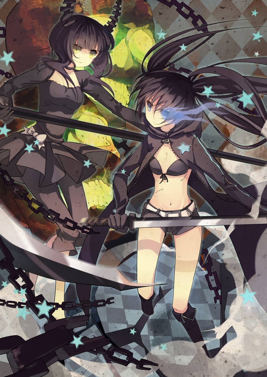 absurdres arm_cannon bad_id bikini_top black_dress black_hair black_rock_shooter black_rock_shooter_(character) boots chain curly_hair dead_master dress glowing glowing_eyes green_eyes highres horns long_hair midriff multiple_girls navel nicohi scar scythe shorts smile star sword twintails weapon