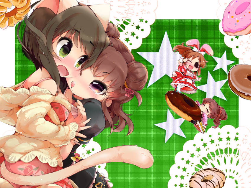 4girls abe_nana animal_ears bow brown_hair cat_ears cat_tail double_bun doughnut fang green_eyes hair_bow heart idolmaster idolmaster_cinderella_girls long_sleeves maekawa_miku multiple_girls munakata_atsumi open_mouth ponytail puffy_sleeves rabbit_ears redhead shiina_noriko short_hair short_sleeves star tail tears tongue usoneko v violet_eyes wink