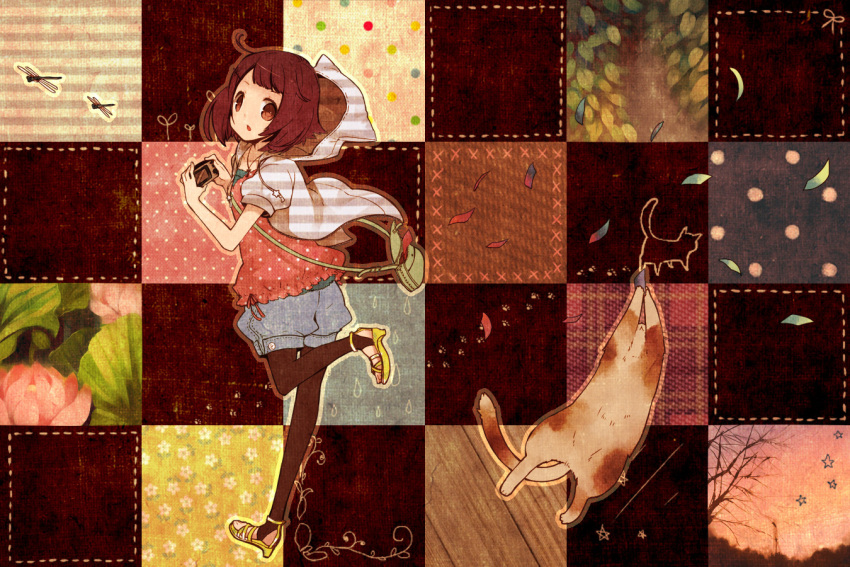 bag brown_eyes brown_hair camera cat denim denim_shorts dragonfly flower hanokage hoodie legs legwear_under_shorts original pantyhose short_hair shorts solo wallpaper