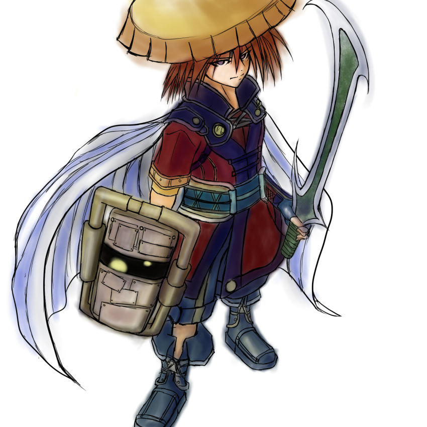 fuurai_no_shiren hat highres male sandogasa shield short_hair solo sword tekijira weapon
