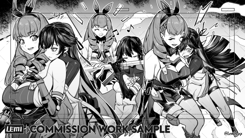 artist_name ayla:_kaleido_(punishing:_gray_raven) ayla_(punishing:_gray_raven) bare_shoulders breasts colored_inner_hair commission dress drill_hair english_commentary english_text flute greyscale happy highres instrument large_breasts leminoxx long_hair mechanical_arms monochrome multicolored_hair musical_note playing_flute punishing:_gray_raven rabbit_ear_hairband scared selena:_capriccio_(punishing:_gray_raven) selena_(punishing:_gray_raven) shirt short_dress shrug_(clothing) side_drill single_mechanical_arm sleeveless sleeveless_shirt sweatdrop thigh_pouch thighlet transverse_flute yuri